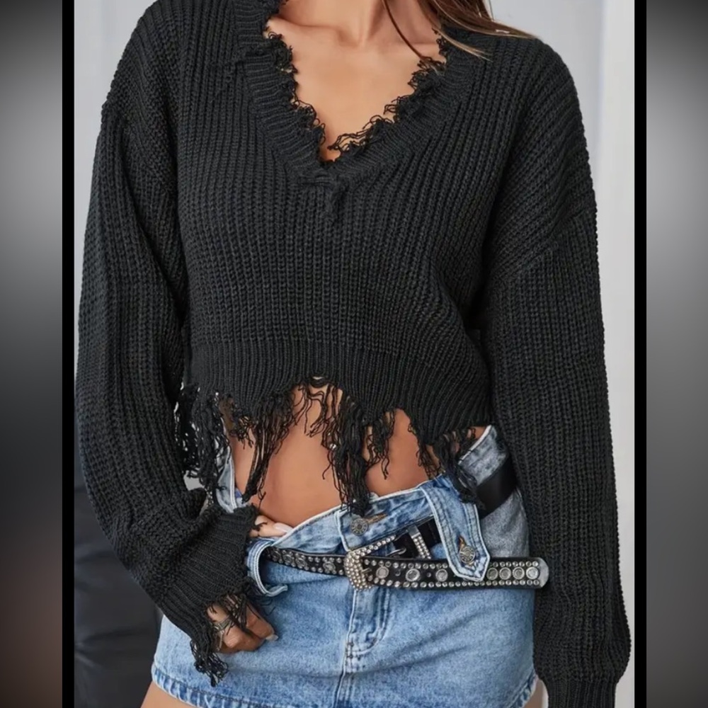 Black Fringe Knit Sweater
